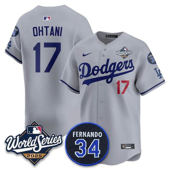 LA.Dodgers #17 Shohei Ohtani Gray 2024 World Series With Fernando Memorial Patch Limited Stitched Jersey