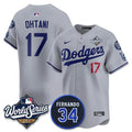 LA.Dodgers #17 Shohei Ohtani Gray 2024 World Series With Fernando Memorial Patch Limited Stitched Jersey