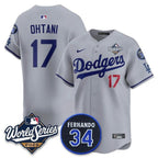 LA.Dodgers #17 Shohei Ohtani Gray 2025 World Series With No.34 Patch Limited Stitched Jersey