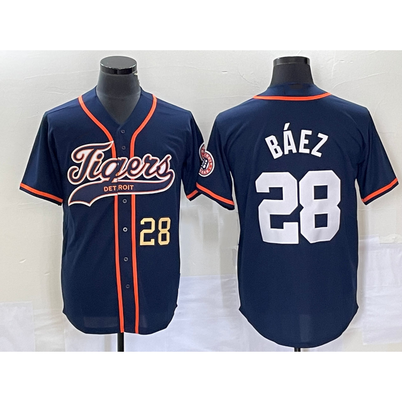 D.Tigers #28 Javier Baez Number Navy Blue Cool Base Stitched Jersey