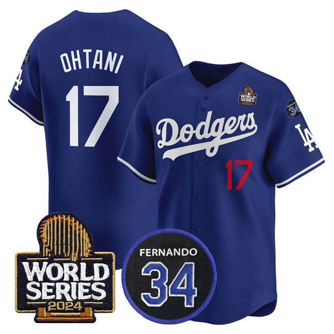 LA.Dodgers #17 Shohei Ohtani Royal 2024 World Series With Fernando Memorial Patch 2 Limited Stitched Jersey