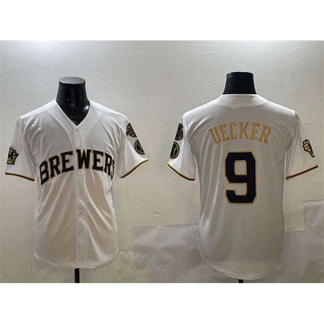 M.Brewers #9 Bob Uecker White Gold With Home Patch Limited Stitched Jersey