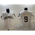 M.Brewers #9 Bob Uecker White Gold With Home Patch Limited Stitched Jersey