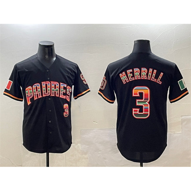 SD.Padres #3 Jackson Merrill Black Mexico Cool Base Stitched Jersey