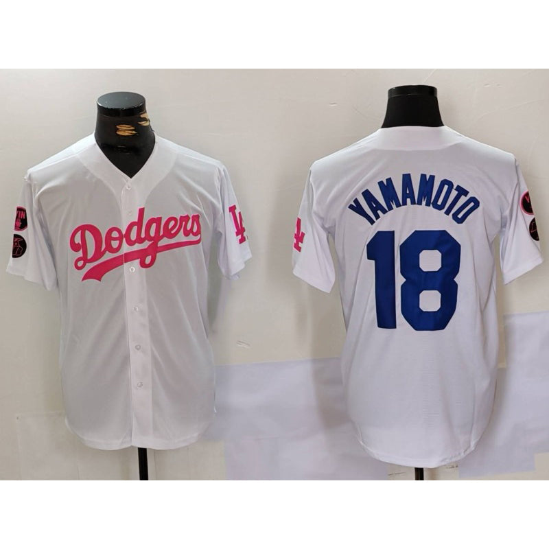 LA.Dodgers #18 Yoshinobu Yamamoto White Pink Vin & Kobe Patch Stitched 1 Stitched Jersey