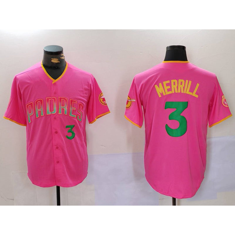 SD.Padres #3 Jackson Merrill Pink Player Number 2 Fashion Jersey