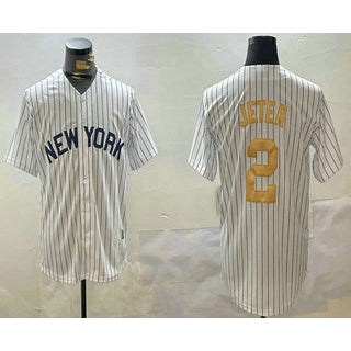 NY.Yankees #2 Derek Jeter White Pinstripe Name Fashion Cool Base Jersey