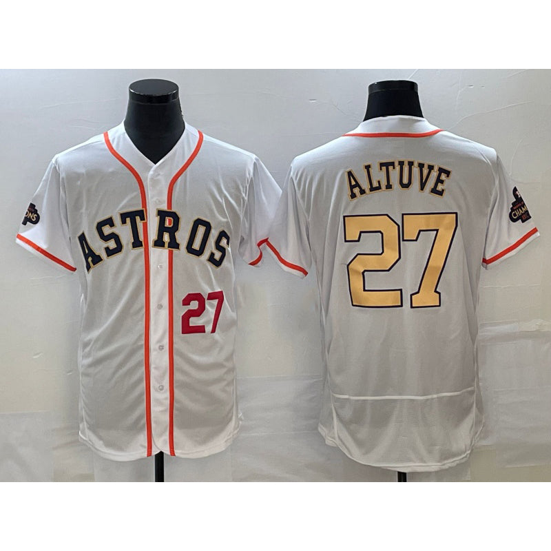 H.Astros #27 Jose Altuve Number 2023 White Gold World Serise Champions Patch Flex Base Stitched Jersey