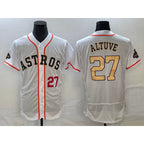 H.Astros #27 Jose Altuve Number 2023 White Gold World Serise Champions Patch Flex Base Stitched Jersey