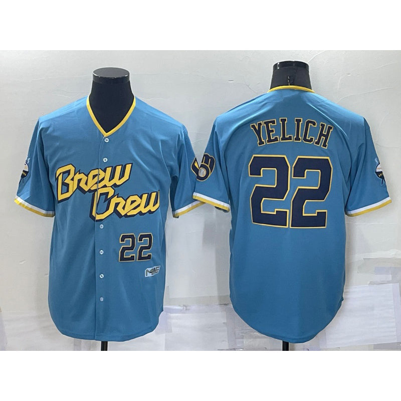 M.Brewers #22 Christian Yelich Number Blue 2022 City Connect Cool Base Stitched Jersey