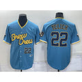 M.Brewers #22 Christian Yelich Number Blue 2022 City Connect Cool Base Stitched Jersey