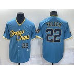 M.Brewers #22 Christian Yelich Number Blue 2022 City Connect Cool Base Stitched Jersey