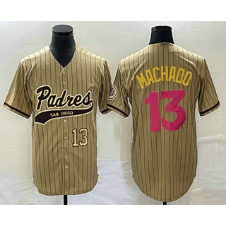 SD.Padres #13 Manny Machado Number Tan Pinstripe 2023 City Connect Cool Base Stitched Jersey