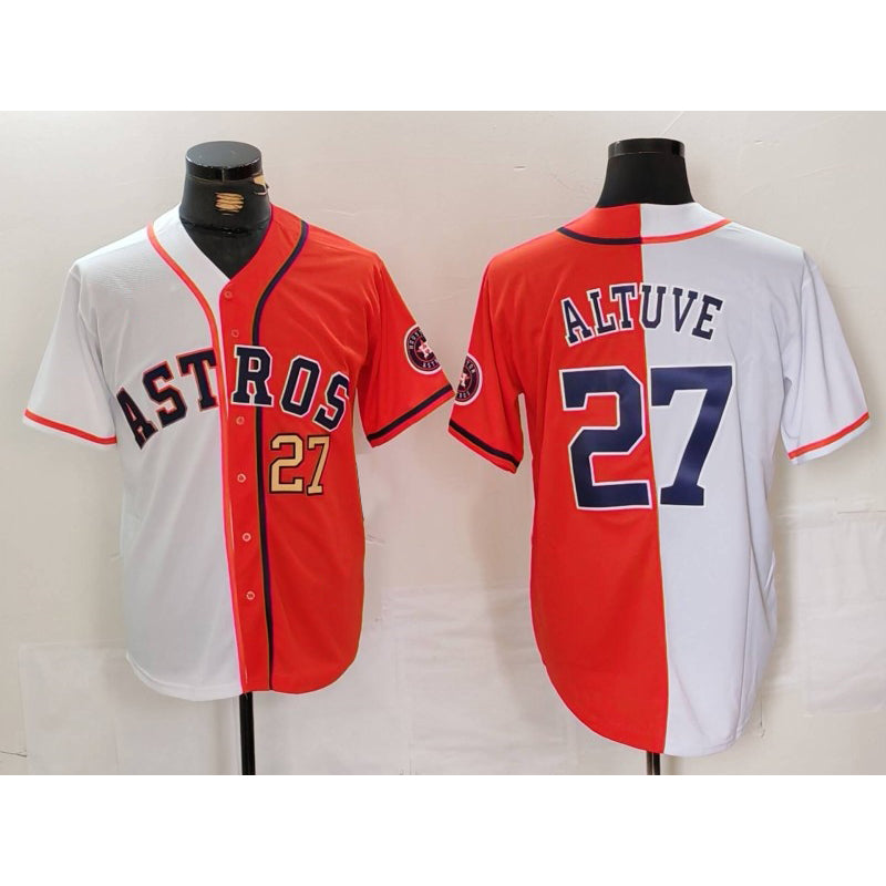 H.Astros #27 Jose Altuve White Orange Blue Number Split Stitched  Jerseys