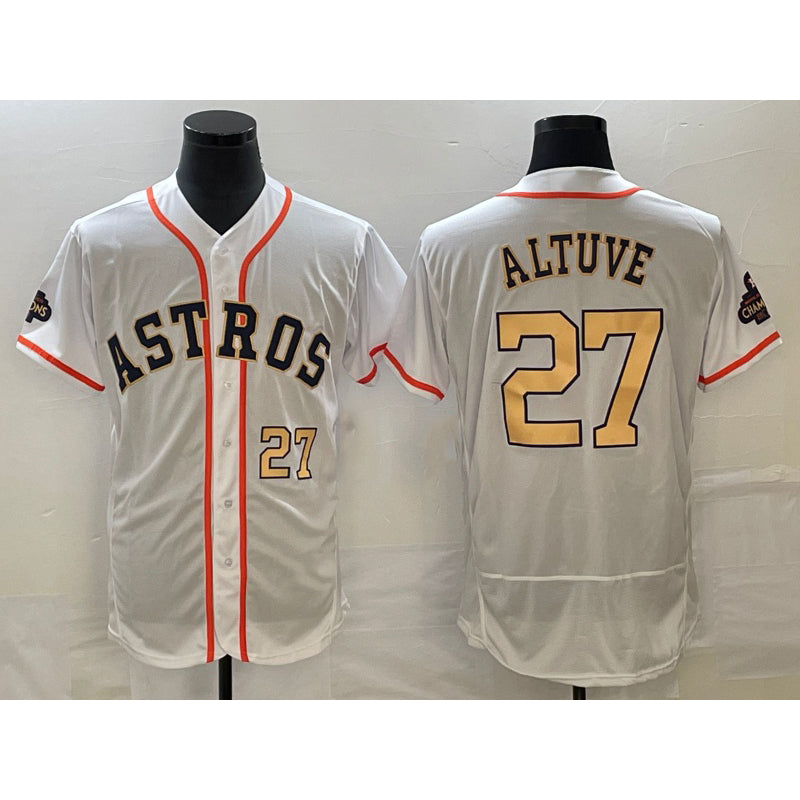 H.Astros #27 Jose Altuve Number 2023 White Gold World Serise Champions Patch Flex Base 3 Stitched Jersey