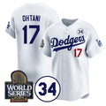 LA.Dodgers #17 Shohei Ohtani White 2024 World Series With No.34 Patch Limited Stitched Jersey