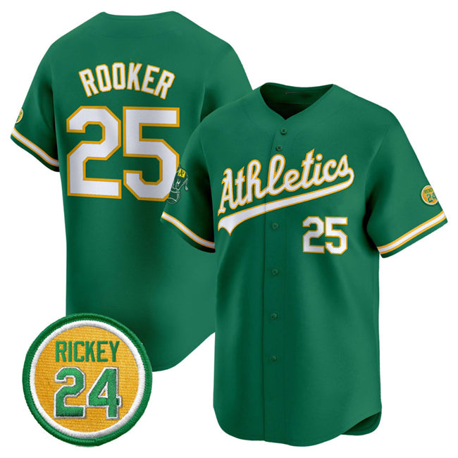 O.Athletics #25 Brent Rooker Green 2024 Limited With Rickey Henderson Patch Stitched Jersey