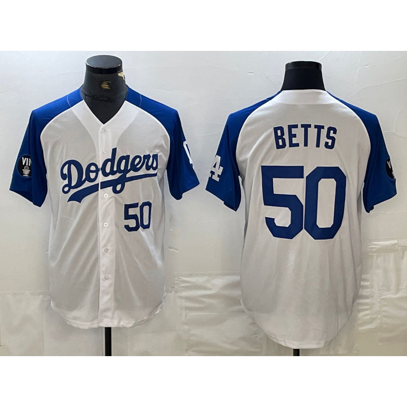 LA.Dodgers #50 Mookie Betts Number White Blue Fashion Stitched Cool Base 2 Limited Jersey