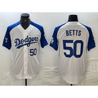 LA.Dodgers #50 Mookie Betts Number White Blue Fashion Stitched Cool Base 2 Limited Jersey