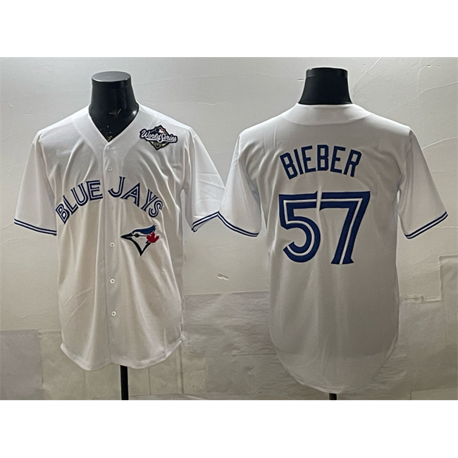 TB.Jays #57 Shane Bieber White 2025 World Series Home Cool Base Stitched Jersey