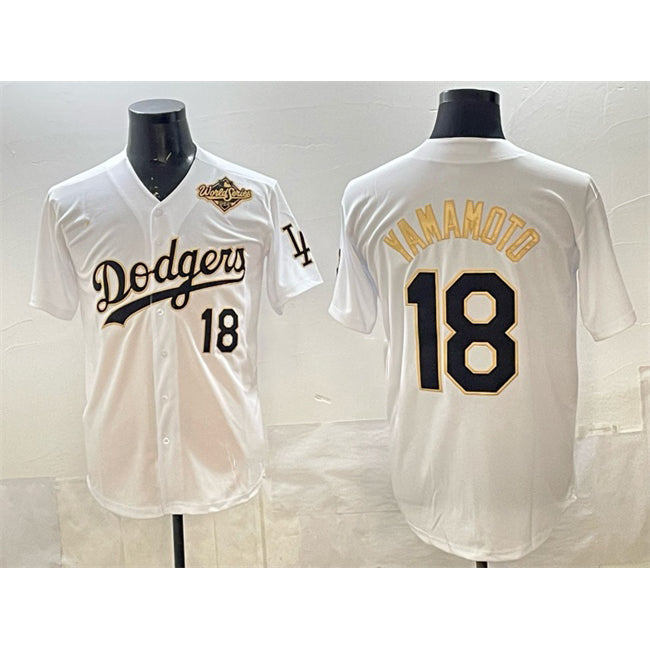 LA.Dodgers #18 Yoshinobu Yamamoto White Gold 2025 World Series Patch Limited Stitched Jersey