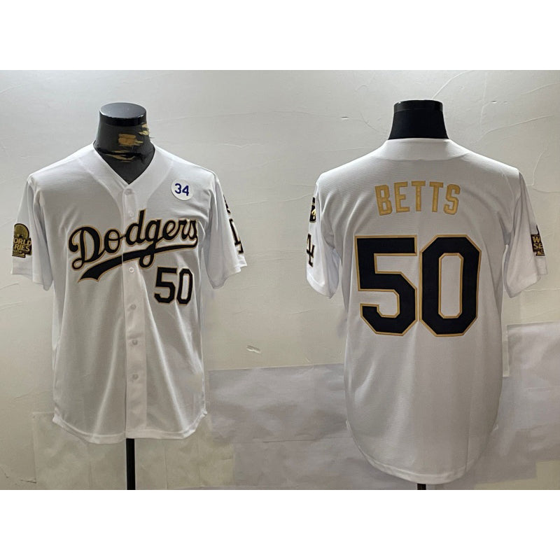 LA.Dodgers #50 Mookie Betts White Gold 2024 World Series With Fernando Memorial Patch Limited 2 Stitched Jersey