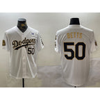LA.Dodgers #50 Mookie Betts White Gold 2024 World Series With Fernando Memorial Patch Limited 2 Stitched Jersey