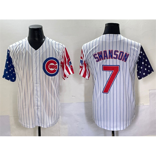 C.Cubs #7 Dansby Swanson White Pinstripe 2025 Independence Day Vapor Premier Limited Stitched Jersey