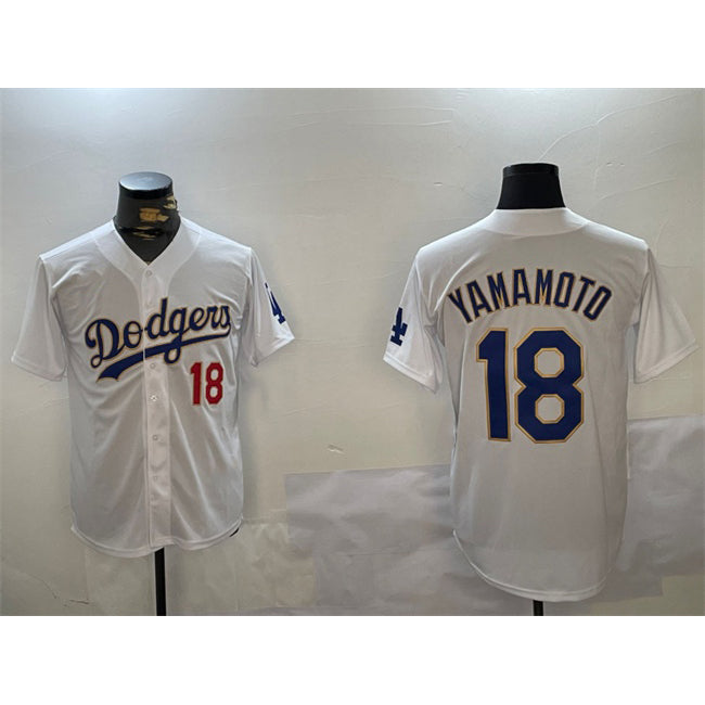 LA.Dodgers #18 Yoshinobu Yamamoto White Gold Home Limited Stitched Jersey